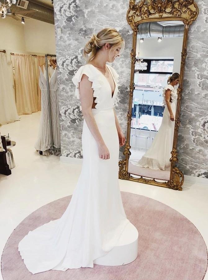 mermaid v neck cap sleeves backless wedding dress with ruffles dmm27 mermaid v neck cap sleeves backless wedding dress with ruffles dmm27