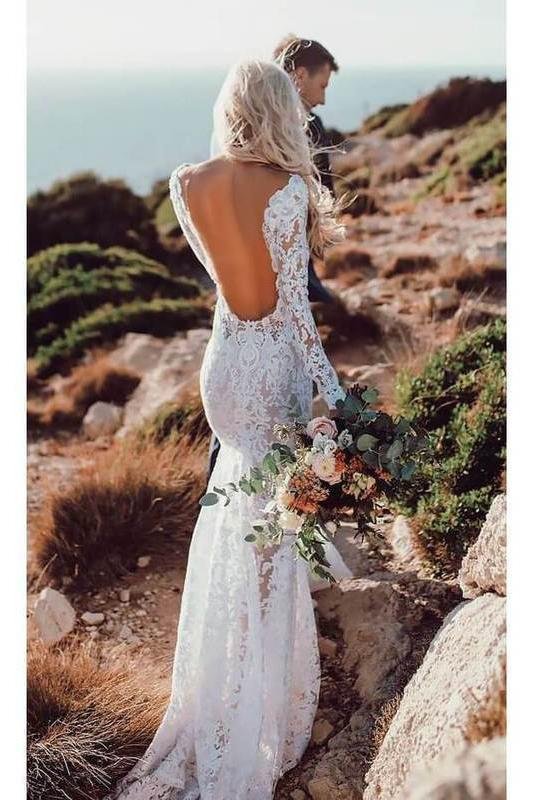 long sleeve lace v neck backless mermaid boho wedding dresses,beach wedding gown dmh77 long sleeve lace v neck backless mermaid boho wedding dresses,beach wedding gown dmh77
