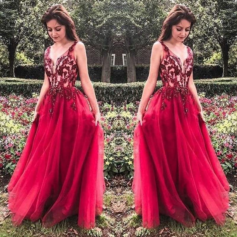 unique red v neck tulle appliques prom dresses, long party gowns dmh15 unique red v neck tulle appliques prom dresses, long party gowns dmh15