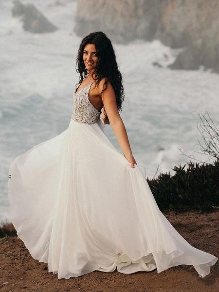 spaghetti strap beaded ivory chiffon v neck long cheap wedding dresses dmh70 spaghetti strap beaded ivory chiffon v neck long cheap wedding dresses dmh70