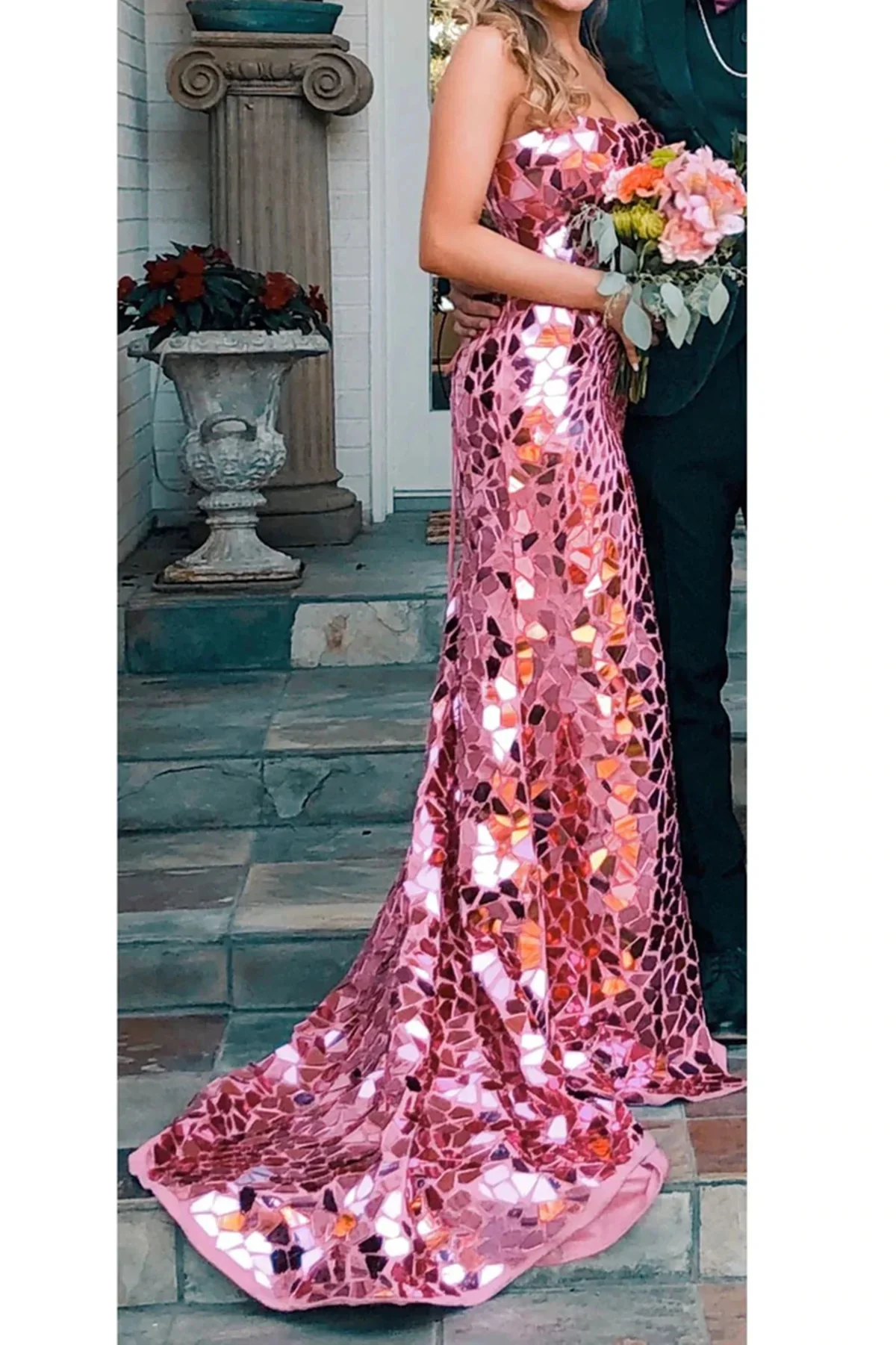 fancy pink sequins long prom dresses mermaid strapless formal evening dresses with high slit dmp272 fancy pink sequins long prom dresses mermaid strapless formal evening dresses with high slit dmp272