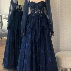 Evening Dresses import placeholder for navy blue a line lace long sleeves prom 160219418