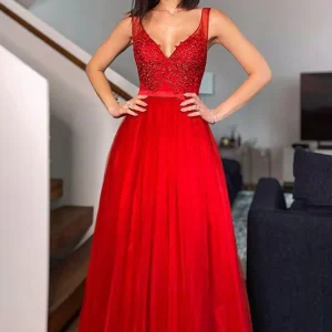 import placeholder for red a line v neck beading long prom dres 160220535