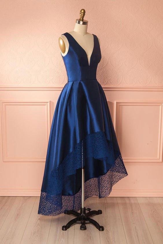 dark blue a line satin lace v neck high low bridesmaid dress,simple prom dresses dm239 dark blue a line satin lace v neck high low bridesmaid dress,simple prom dresses dm239