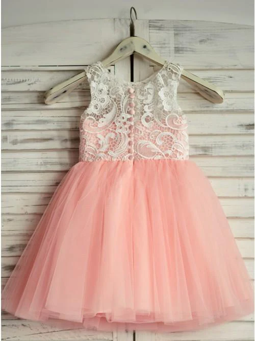 a line round neck floor length pink flower girl dress with lace dmp19 a line round neck floor length pink flower girl dress with lace dmp19