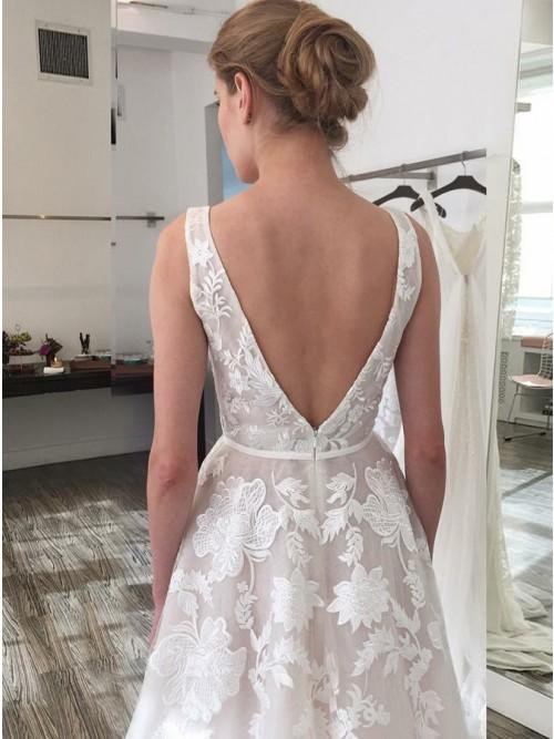 a line v neck backless sweep train ivory wedding dress with appliques dmr20 a line v neck backless sweep train ivory wedding dress with appliques dmr20