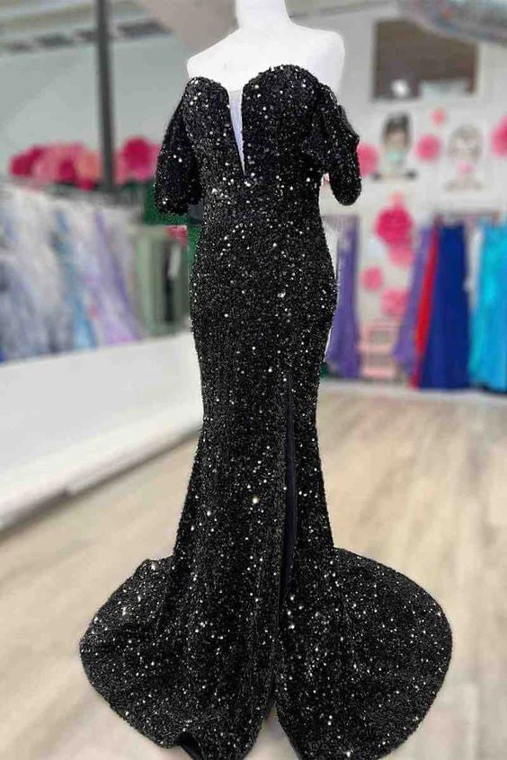 mermaid long red puff sleeves prom dress sparkly sequined with side slit dm1957 mermaid long red puff sleeves prom dress sparkly sequined with side slit dm1957