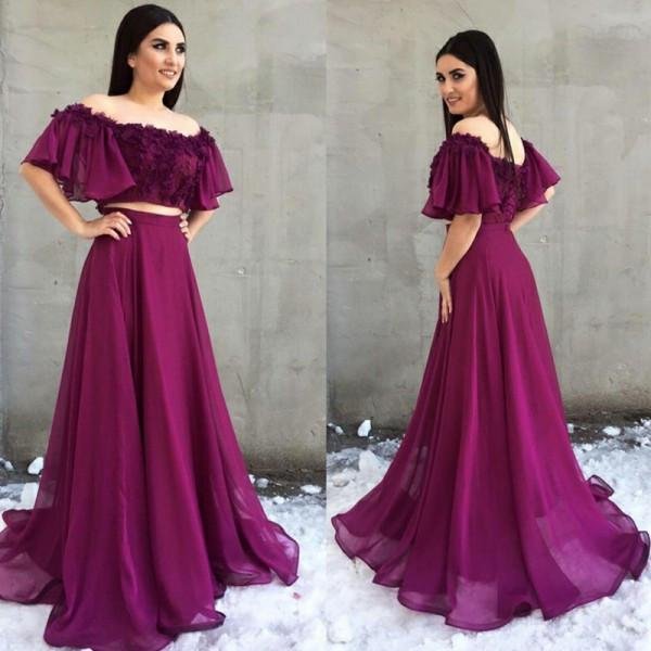 two piece a line off the shoulder purple chiffon prom dress with appliques dmh5 two piece a line off the shoulder purple chiffon prom dress with appliques dmh5