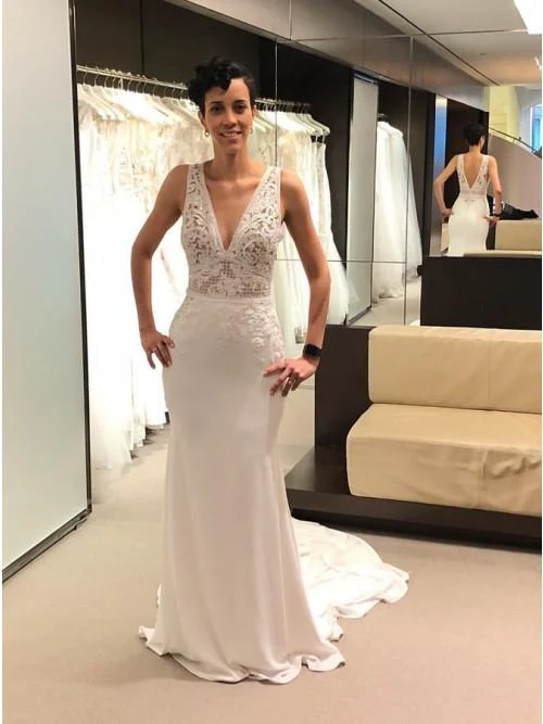 mermaid v neck backless court train ivory wedding dress with lace dml10 mermaid v neck backless court train ivory wedding dress with lace dml10