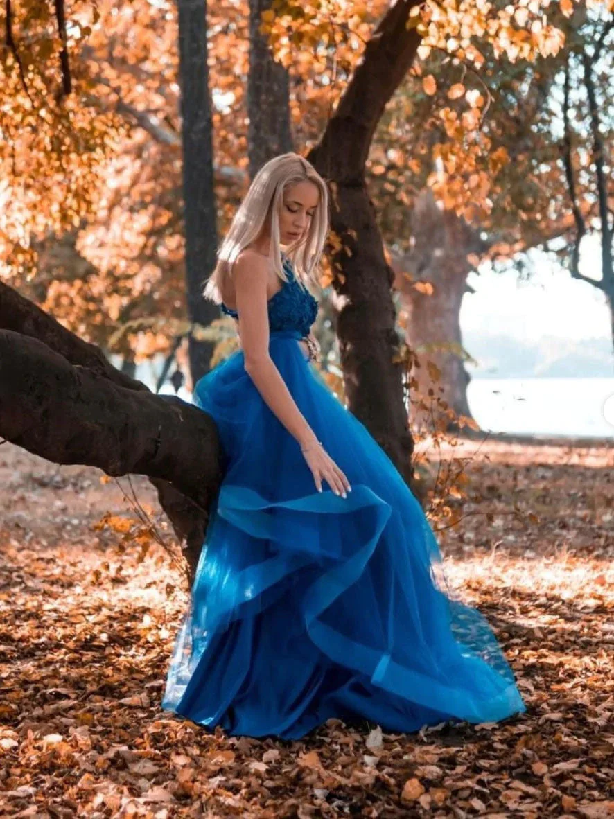 blue one shoulder tulle a line lace appliques long prom dress, formal evening dress dm1967 blue one shoulder tulle a line lace appliques long prom dress, formal evening dress dm1967