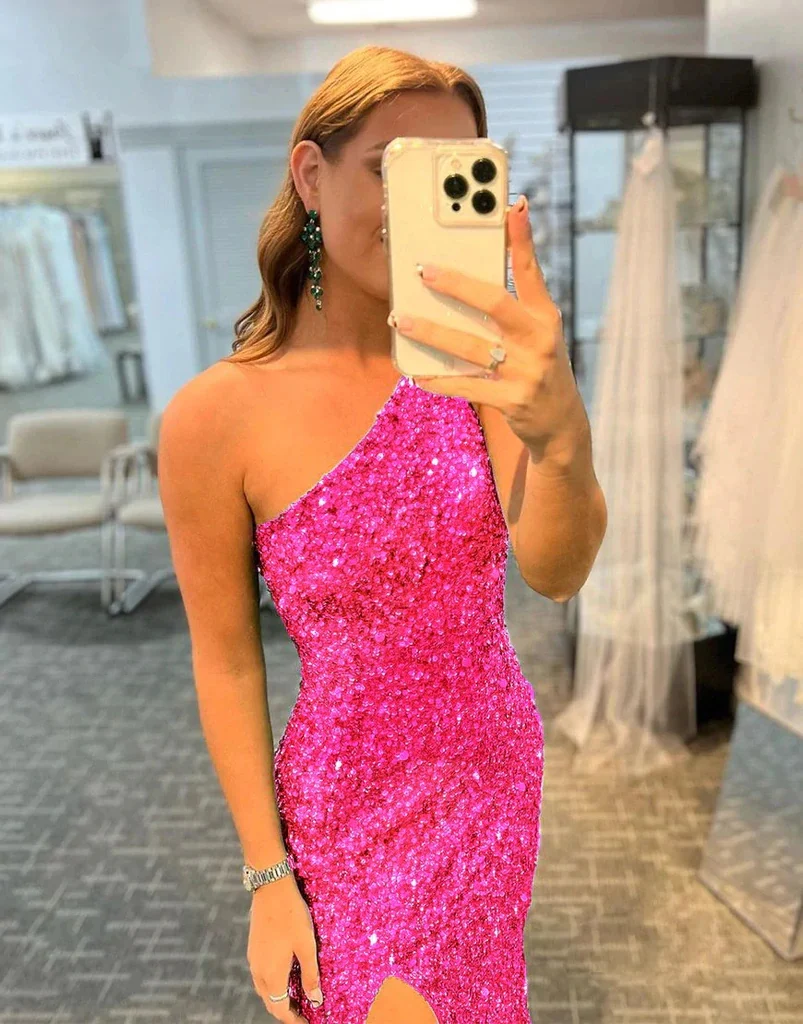 fuchsia mermaid one shoulder prom dresses with slit sequin evening dress dmp154 fuchsia mermaid one shoulder prom dresses with slit sequin evening dress dmp154