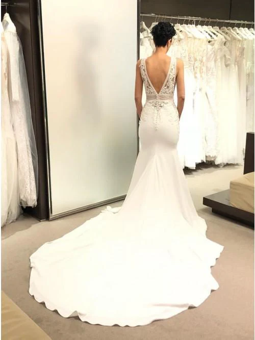 mermaid v neck backless court train ivory wedding dress with lace dml10 mermaid v neck backless court train ivory wedding dress with lace dml10