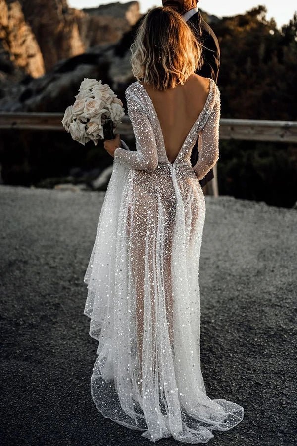 sparkly a line see through deep v neck long sleeves wedding dresses dmw30 sparkly a line see through deep v neck long sleeves wedding dresses dmw30