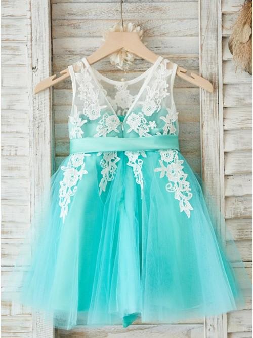 a line round neck mint tulle flower girl dress with appliques dmp27 a line round neck mint tulle flower girl dress with appliques dmp27