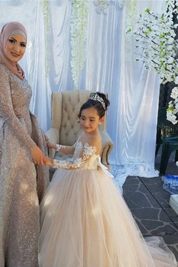 princess ball gown long sleeves tulle long flower girl dress with lace appliques dmb98 princess ball gown long sleeves tulle long flower girl dress with lace appliques dmb98