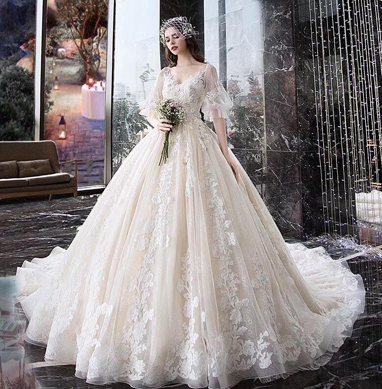 charming half sleeves ball gown wedding dresses, appliques v neck bridal dress dmk2 charming half sleeves ball gown wedding dresses, appliques v neck bridal dress dmk2