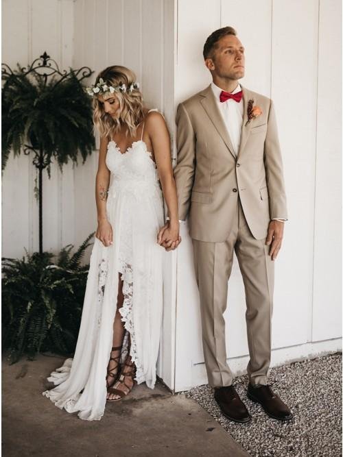 sheath spaghetti straps backless hi low lace boho beach wedding dress dmk40 sheath spaghetti straps backless hi low lace boho beach wedding dress dmk40