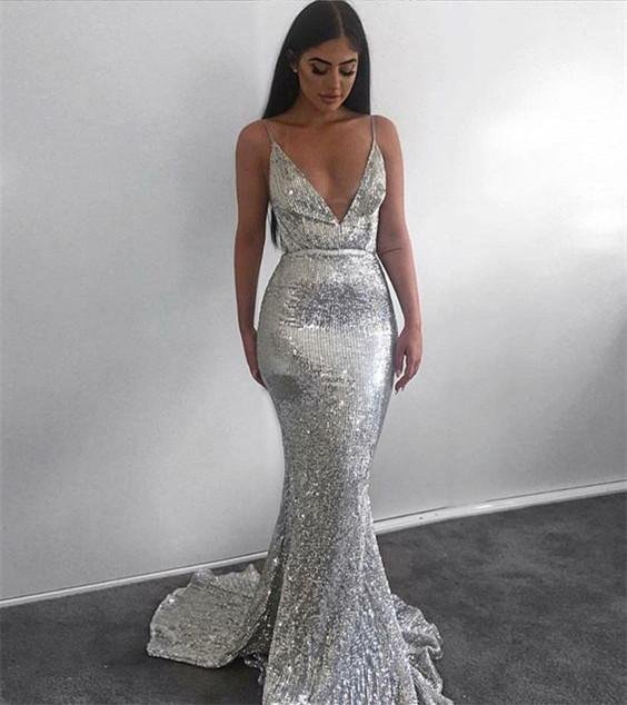 modest silver mermaid sequined deep v neck backless prom dresses,evening gowns dm907 modest silver mermaid sequined deep v neck backless prom dresses,evening gowns dm907
