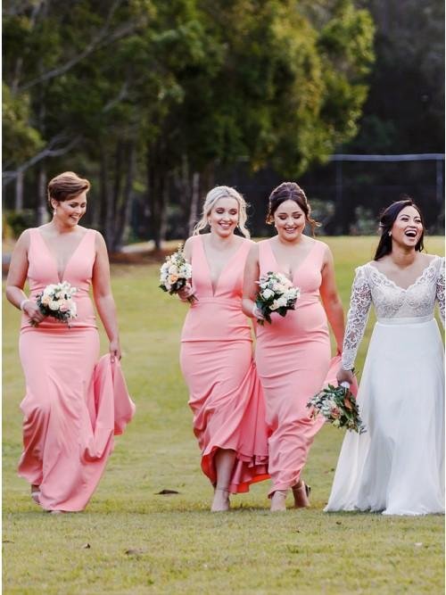 mermaid v neck sweep train pink satin simple bridesmaid dress dmr28 mermaid v neck sweep train pink satin simple bridesmaid dress dmr28