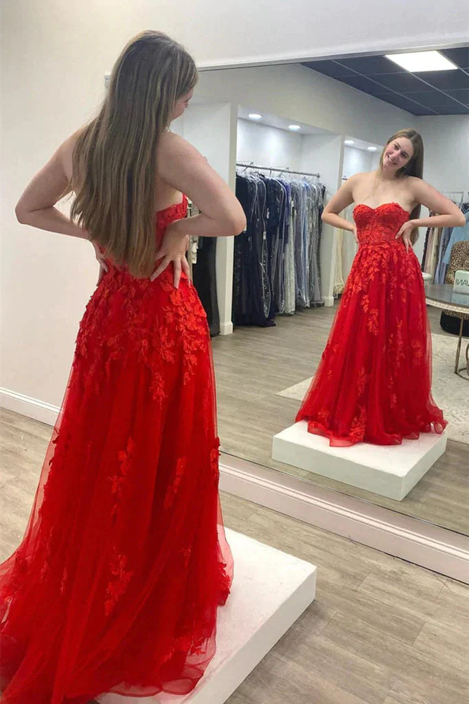 chic strapless red a line tulle long prom dress with lace appliques dm1968 chic strapless red a line tulle long prom dress with lace appliques dm1968