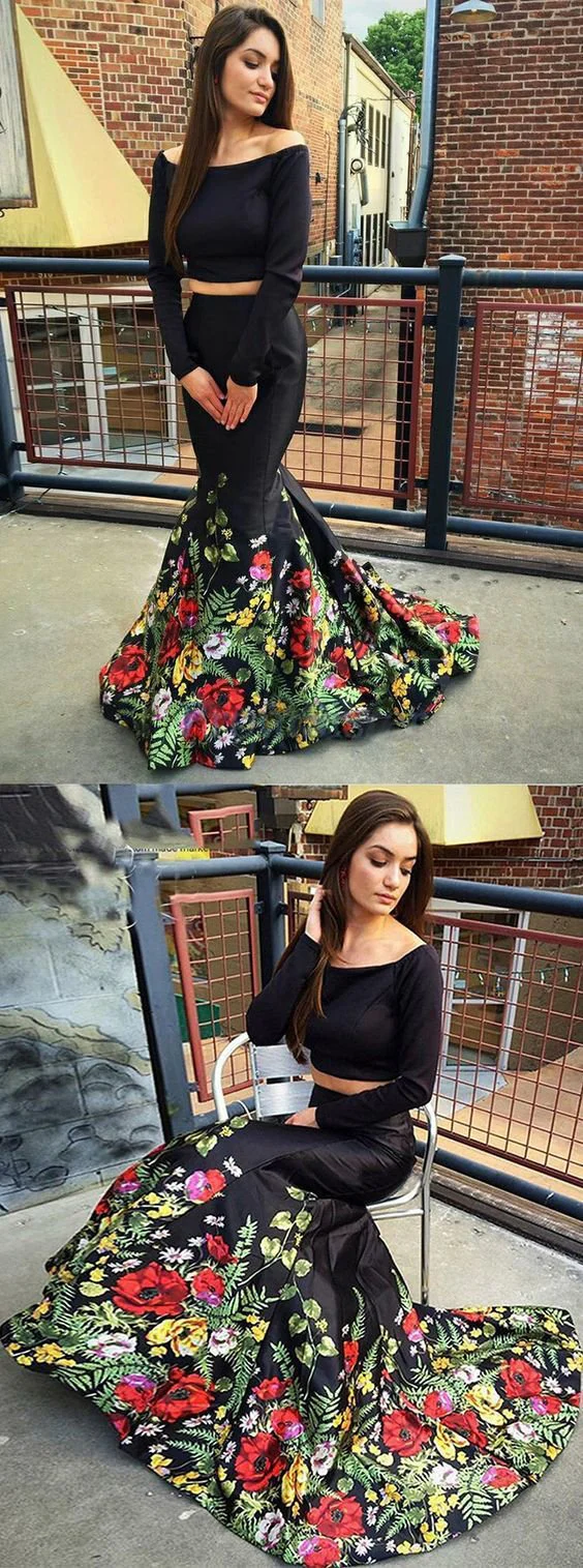 two piece off the shoulder mermaid long sleeves black floral printed prom dress dmb94 two piece off the shoulder mermaid long sleeves black floral printed prom dress dmb94