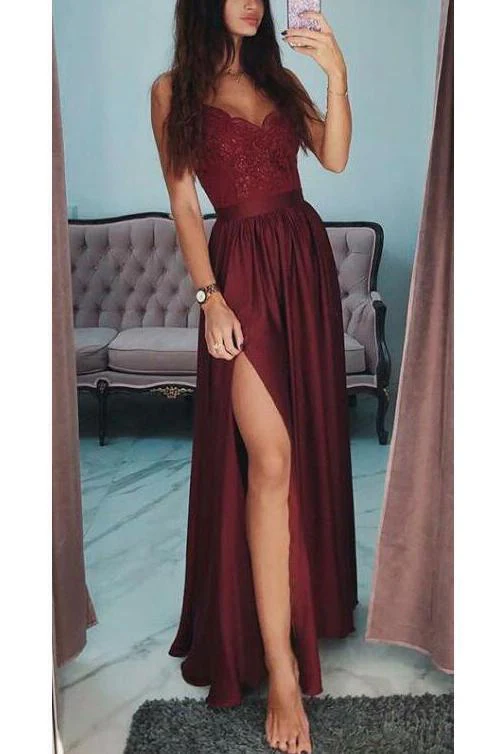 burgundy a line v neck long spaghetti strap split prom dresses with lace dmh74 burgundy a line v neck long spaghetti strap split prom dresses with lace dmh74