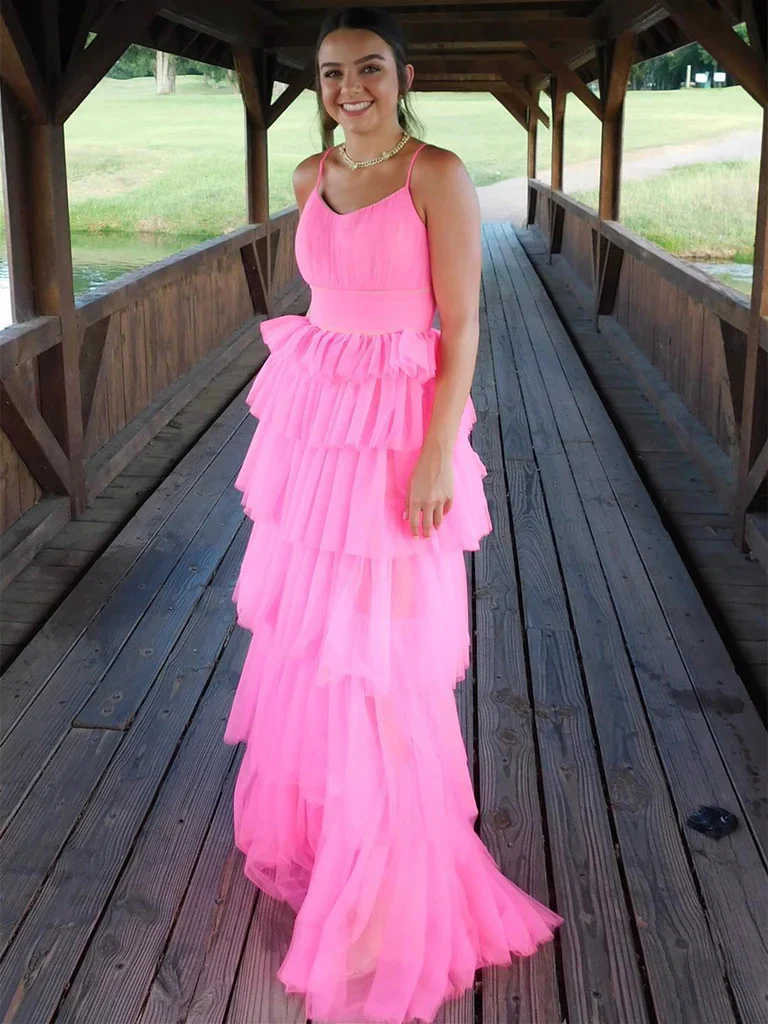 hot pink a line tulle spaghetti straps long prom dresses, formal evening dresses dmp342 hot pink a line tulle spaghetti straps long prom dresses, formal evening dresses dmp342