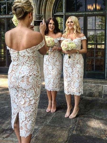 elegant off the shoulder white lace tea length bridesmaid dress dmn1 elegant off the shoulder white lace tea length bridesmaid dress dmn1