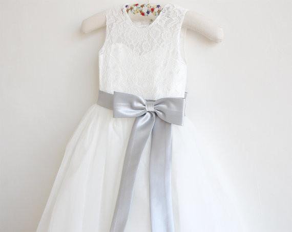light ivory lace tulle sleeveless long flower girl dress with silver sash/bowss dm214 light ivory lace tulle sleeveless long flower girl dress with silver sash/bowss dm214