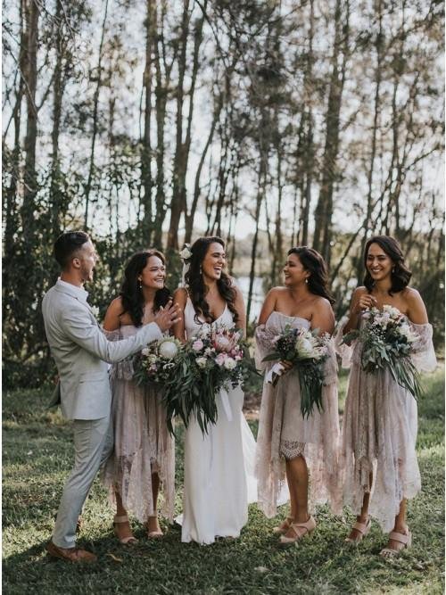 a line off the shoulder 3/4 sleeves asymmetry blush lace bridesmaid dress dmr94 a line off the shoulder 3/4 sleeves asymmetry blush lace bridesmaid dress dmr94