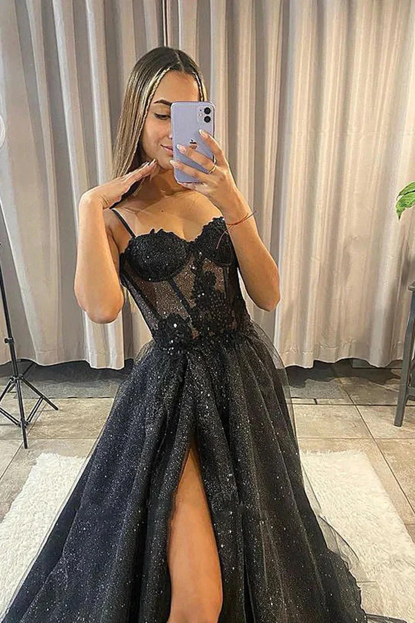 a line black long lace appliques prom dresses, formal evening dresses dm1914 a line black long lace appliques prom dresses, formal evening dresses dm1914