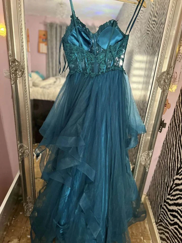 v neck fluffy blue lace long prom dresses, blue lace formal evening dresses dmp317 v neck fluffy blue lace long prom dresses, blue lace formal evening dresses dmp317