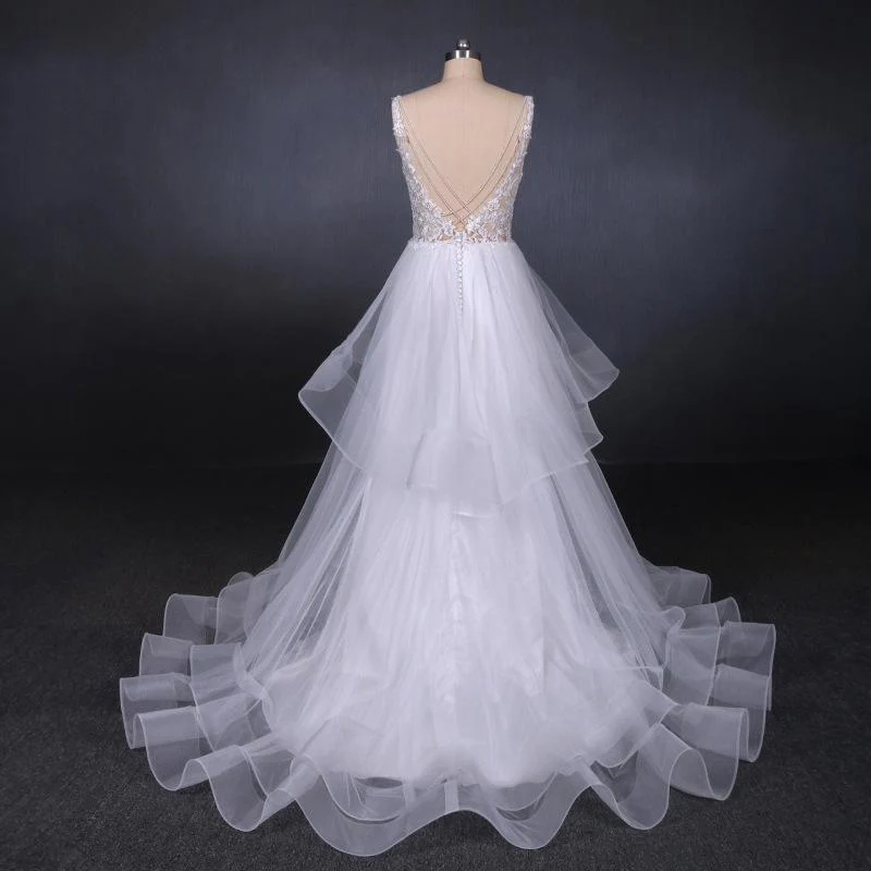 a line v neck layered backless wedding dress, long bridal gown dmq23 a line v neck layered backless wedding dress, long bridal gown dmq23
