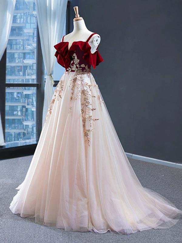 vintage red top straps tulle formal dress, elegant appliques prom dress dmp021 vintage red top straps tulle formal dress, elegant appliques prom dress dmp021