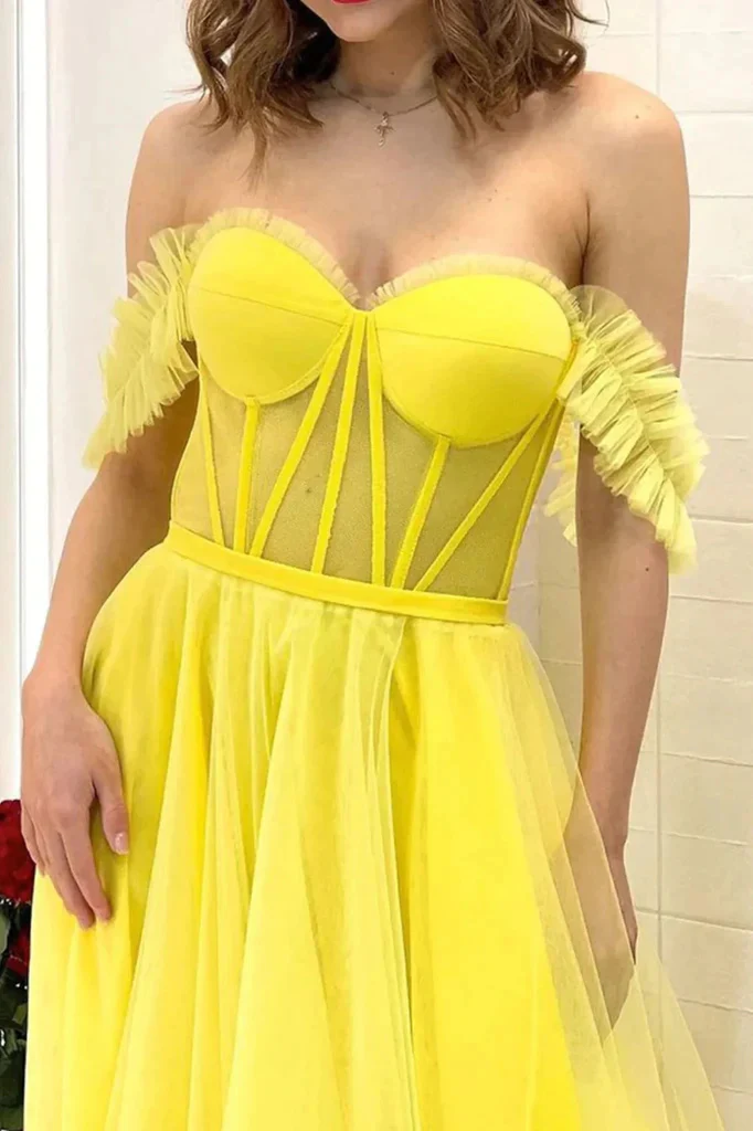 a line off the shoulder yellow tulle long prom dresses, formal evening dresses dm1919 a line off the shoulder yellow tulle long prom dresses, formal evening dresses dm1919