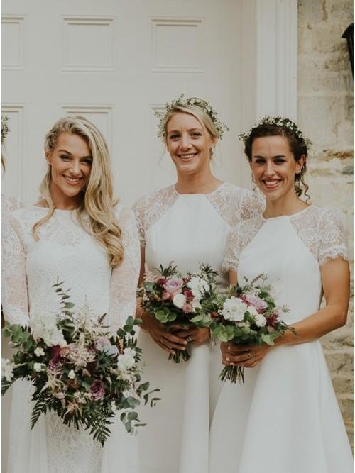 a line short sleeves hi low off white satin bridesmaid dress with lace dmr88 a line short sleeves hi low off white satin bridesmaid dress with lace dmr88
