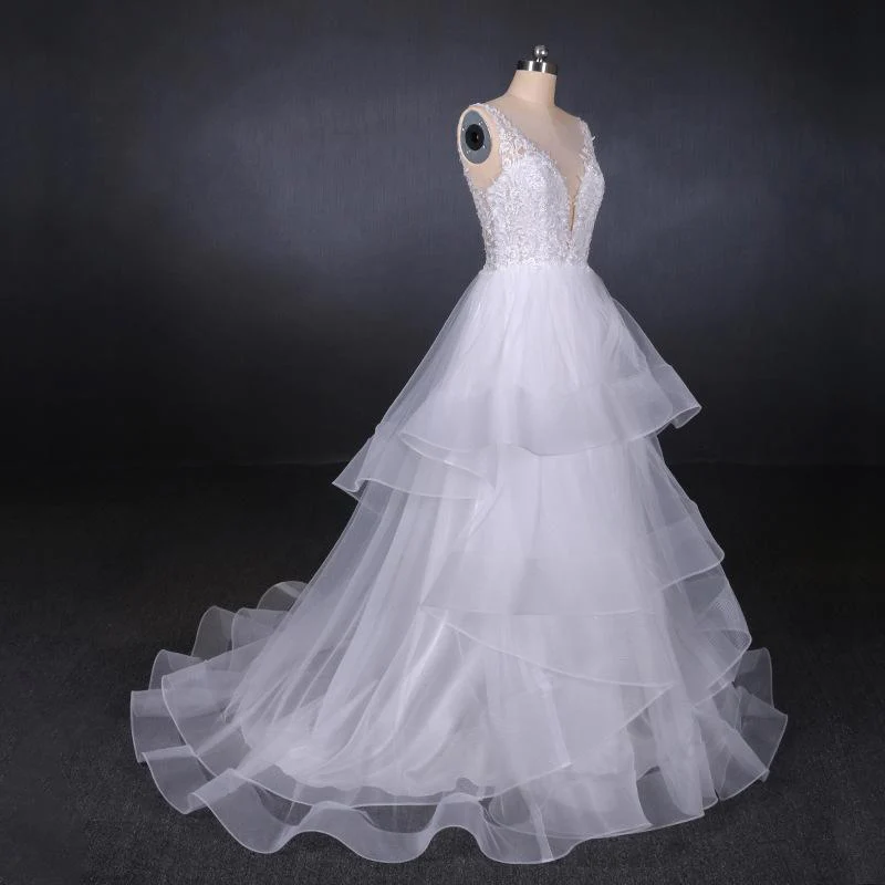 a line v neck layered backless wedding dress, long bridal gown dmq23 a line v neck layered backless wedding dress, long bridal gown dmq23