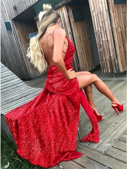 sheath spaghetti straps backless red sequined prom dress with split dmp8 sheath spaghetti straps backless red sequined prom dress with split dmp8