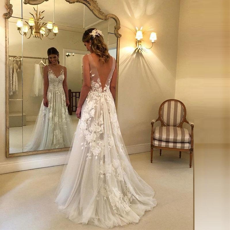 elegant a line v neck tulle floor length wedding dresses with lace appliques dmc94 elegant a line v neck tulle floor length wedding dresses with lace appliques dmc94