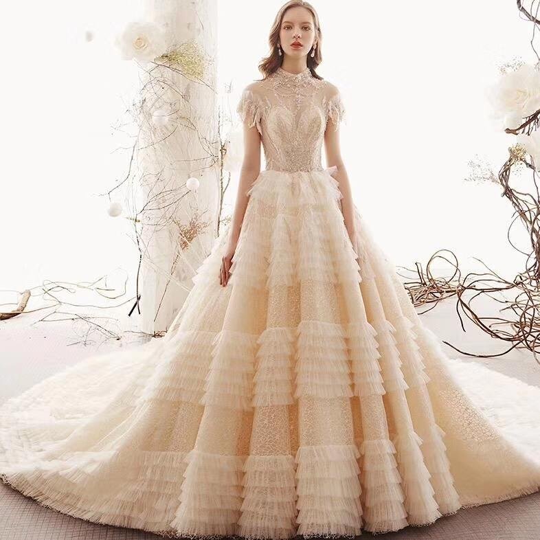princess high neck ball gown wedding dresses, short sleeves bridal dress dmk1 princess high neck ball gown wedding dresses, short sleeves bridal dress dmk1