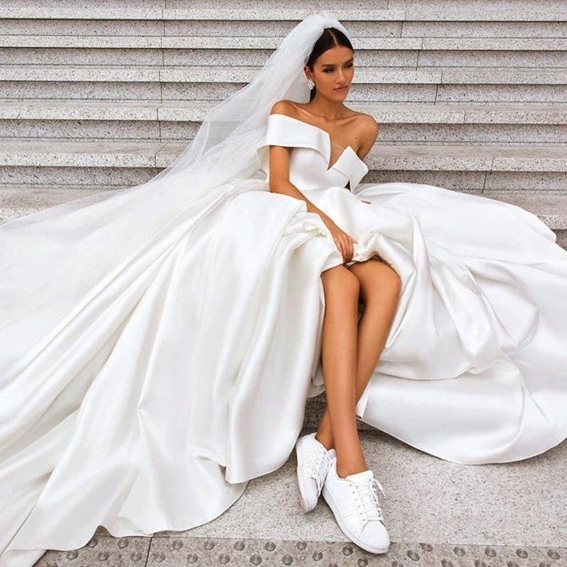 off the shoulder white ball gown simple wedding dress, satin bridal gown dmq20 off the shoulder white ball gown simple wedding dress, satin bridal gown dmq20