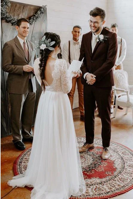 a line round neck long sleeves backless boho wedding dress with lace dms31 a line round neck long sleeves backless boho wedding dress with lace dms31