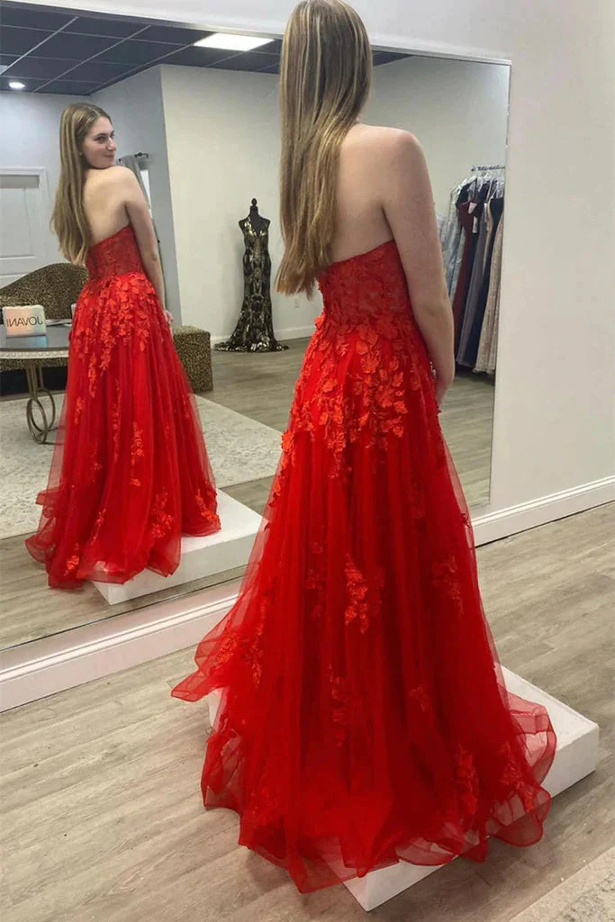 chic strapless red a line tulle long prom dress with lace appliques dm1968 chic strapless red a line tulle long prom dress with lace appliques dm1968