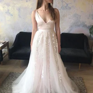 Wedding Dresses import placeholder for a line v neck sweep train pearl pink wed 160220079