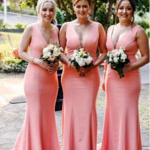 Wedding Party Dresses import placeholder for mermaid v neck sweep train pink satin si 160220694