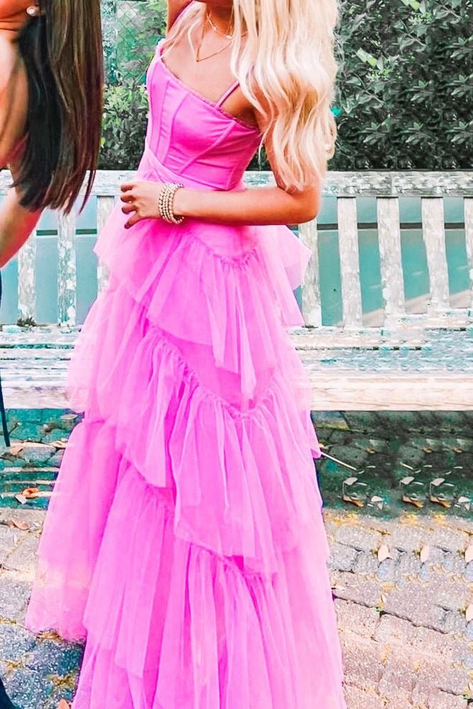princess hot pink a line tulle long prom dresses layered ruffles evening gown dmp072 princess hot pink a line tulle long prom dresses layered ruffles evening gown dmp072
