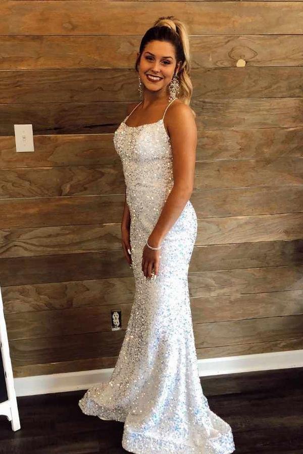 sparkly spaghetti straps sequined mermaid white formal prom dress dmp022 sparkly spaghetti straps sequined mermaid white formal prom dress dmp022