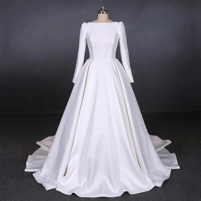simple a line long sleeves satin wedding dress, new arrival white long bridal gown dmq13 simple a line long sleeves satin wedding dress, new arrival white long bridal gown dmq13
