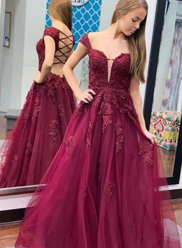 burgundy a line tulle lace appliques long prom dress cap sleeves evening dress dmp056 burgundy a line tulle lace appliques long prom dress cap sleeves evening dress dmp056