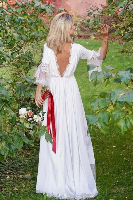 a line v neck v back 3/4 sleeves satin boho wedding dress with lace dms27 a line v neck v back 3/4 sleeves satin boho wedding dress with lace dms27